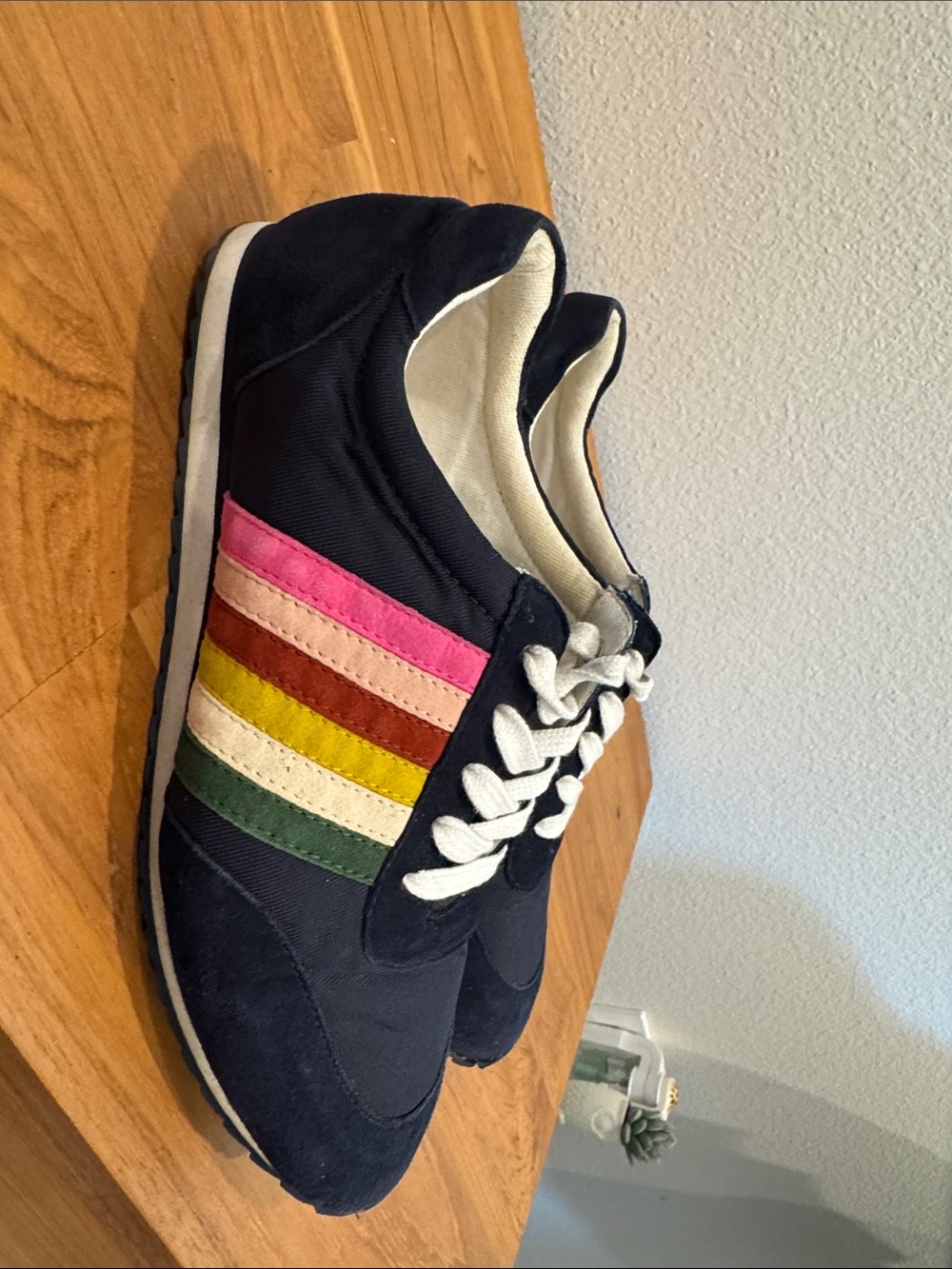 Boden Navy Sneakers with Pink, Red, Yellow, Cream and Green Stripes